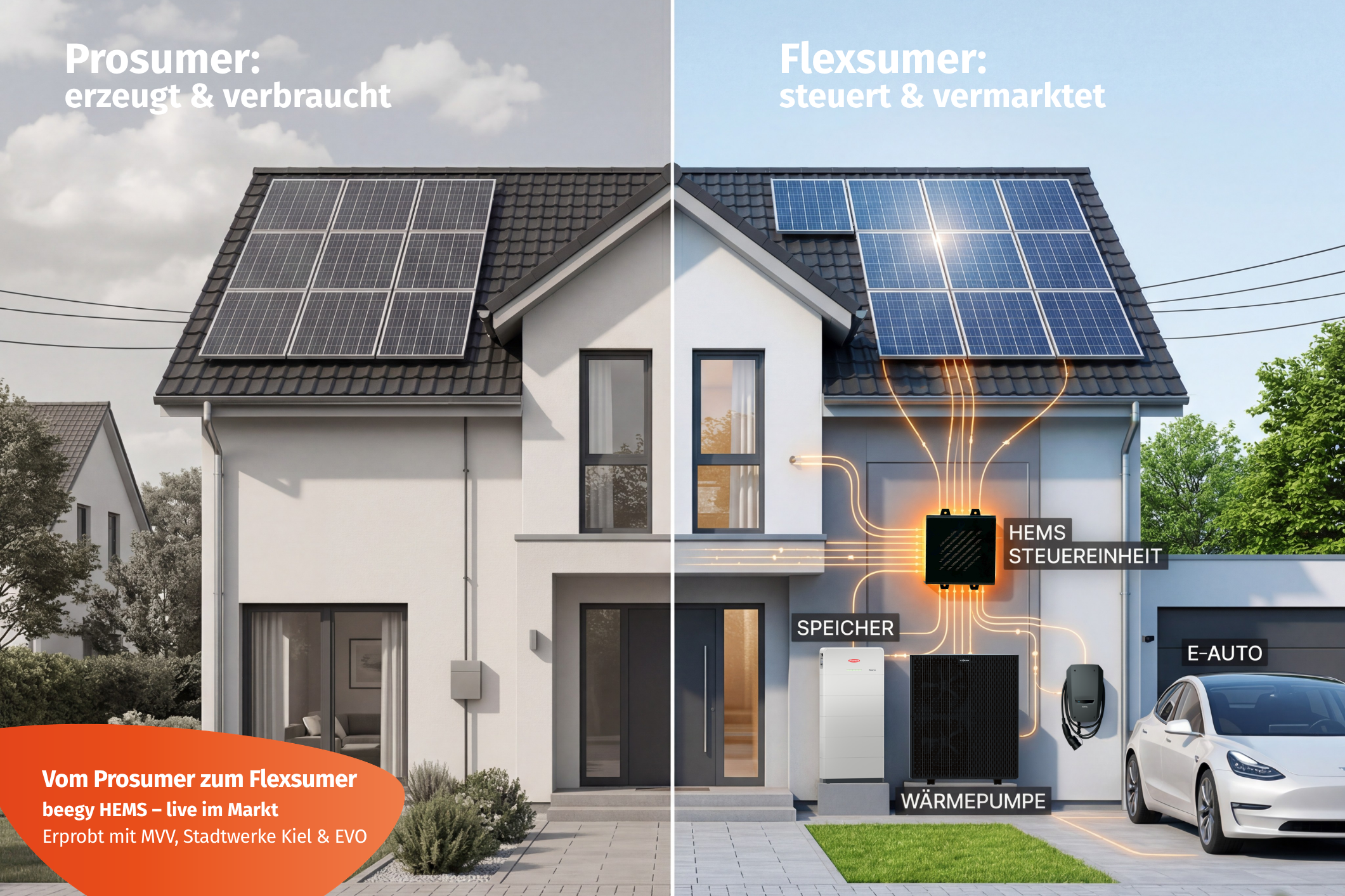 Newsroombeitrag_HEMS für Stadtwerke Visualisierung eines Einfamilienhauses mit Photovoltaikanlage, Stromspeicher, Wärmepumpe, E‑Auto und beegy HEMS zur Steuerung und Vermarktung von Energieflüssen für EVU und Stadtwerke.